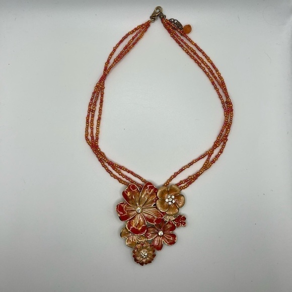 ORANGE Seed Necklace with Enamel Orange Blossoms - Picture 3 of 10
